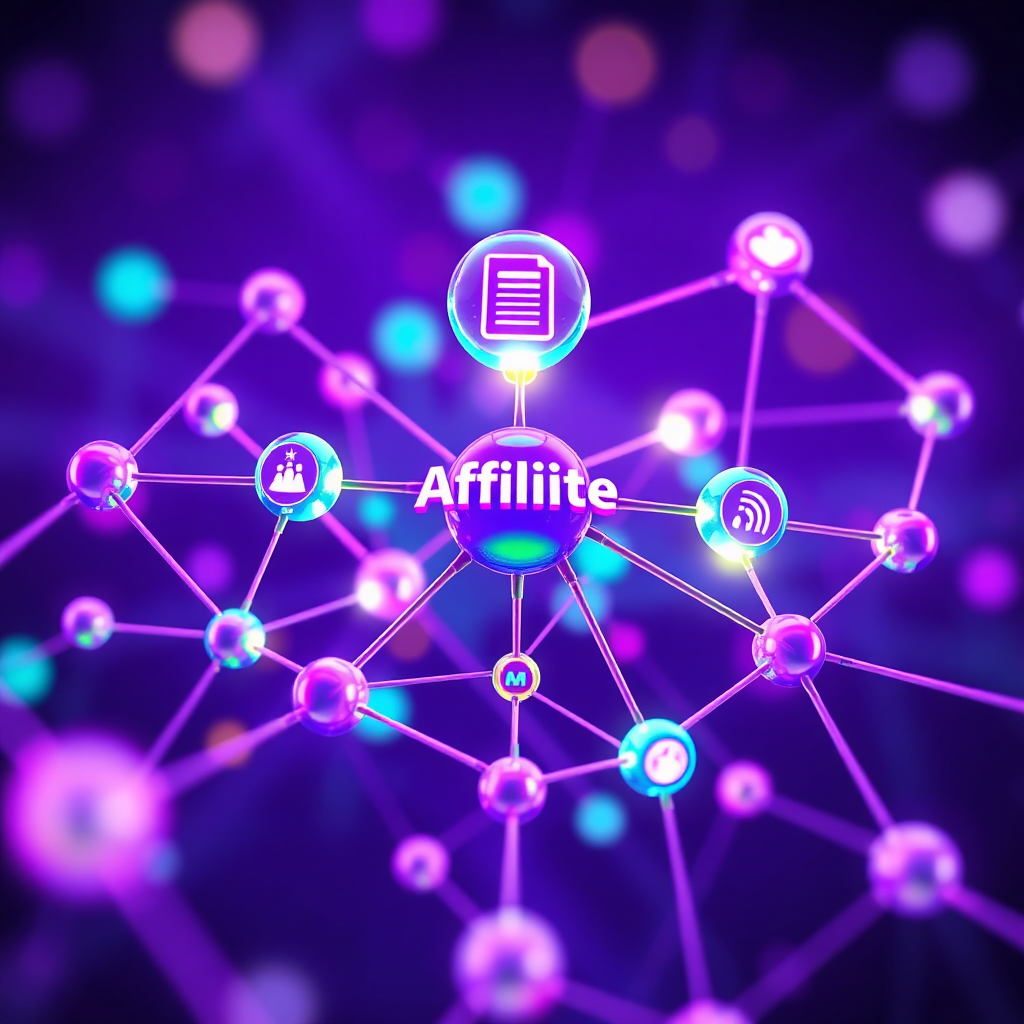  A stylized 3D rendering of a network of interconnected nodes, each representing a different affiliate marketing product. The nodes are connected by lines, illustrating the flow of traffic and revenue. The lighting is vibrant and dynamic, with nodes glowing to signify successful connections. The color palette is modern and tech-driven, using purples, blues, and greens to convey innovation and growth. Style reference: a modern abstract, showing the connected world of affiliate marketing.