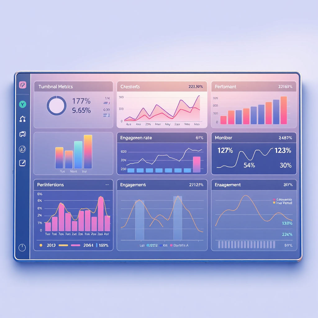 A stylized illustration of a dashboard displaying thumbnail performance metrics. The dashboard features graphs, charts, and data visualizations that highlight click-through rates, engagement levels, and other relevant data points. The lighting is soft and informative, creating a sense of data-driven insight. The color palette is clean and modern, with a focus on clarity and visual communication. The camera angle is a medium shot, capturing the overall impact of the data analysis. The texture details are smooth and polished, creating a sense of professionalism and sophistication. Technical specs: 4K resolution, high quality, stylized rendering.