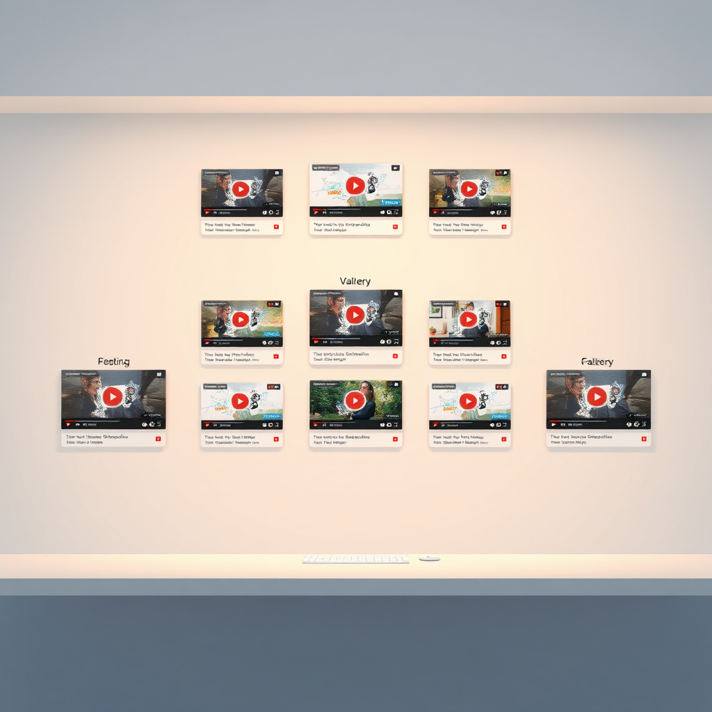 A stylized illustration of a well-organized digital portfolio, depicted as a neatly structured gallery with clear sections and categories. Each section showcases a distinct style or theme of YouTube thumbnails. The navigation is intuitive and user-friendly, represented by clear labels and visual cues. The lighting is soft and inviting, creating a sense of order and professionalism. The color palette is clean and modern, with a focus on clarity and visual hierarchy. The camera angle is a medium shot, capturing the overall structure and organization of the portfolio. The texture details are smooth and polished, creating a sense of sophistication and attention to detail. The environment is a minimalist design. Technical specs: 4K resolution, high quality, stylized rendering.