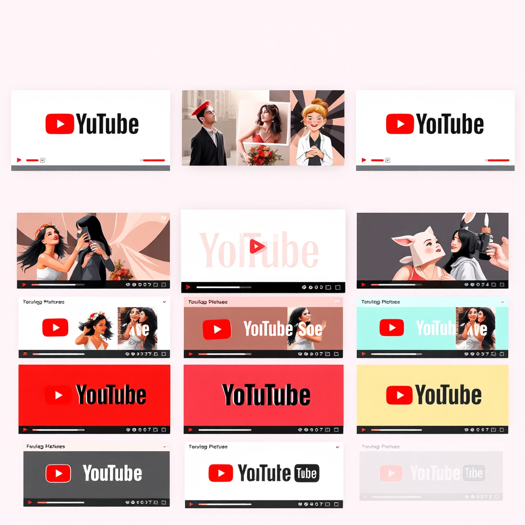 A stylized illustration of a YouTube thumbnail portfolio with consistent branding elements. All the thumbnails share a unified color palette, typography, and visual style. The overall design is clean and cohesive, creating a strong sense of brand identity. The lighting is soft and inviting, highlighting the unity and consistency of the portfolio. The camera angle is a medium shot, capturing the overall visual impact of the branding. The texture details are smooth and polished, creating a sense of professionalism and attention to detail. Technical specs: 4K resolution, high quality, stylized rendering.
