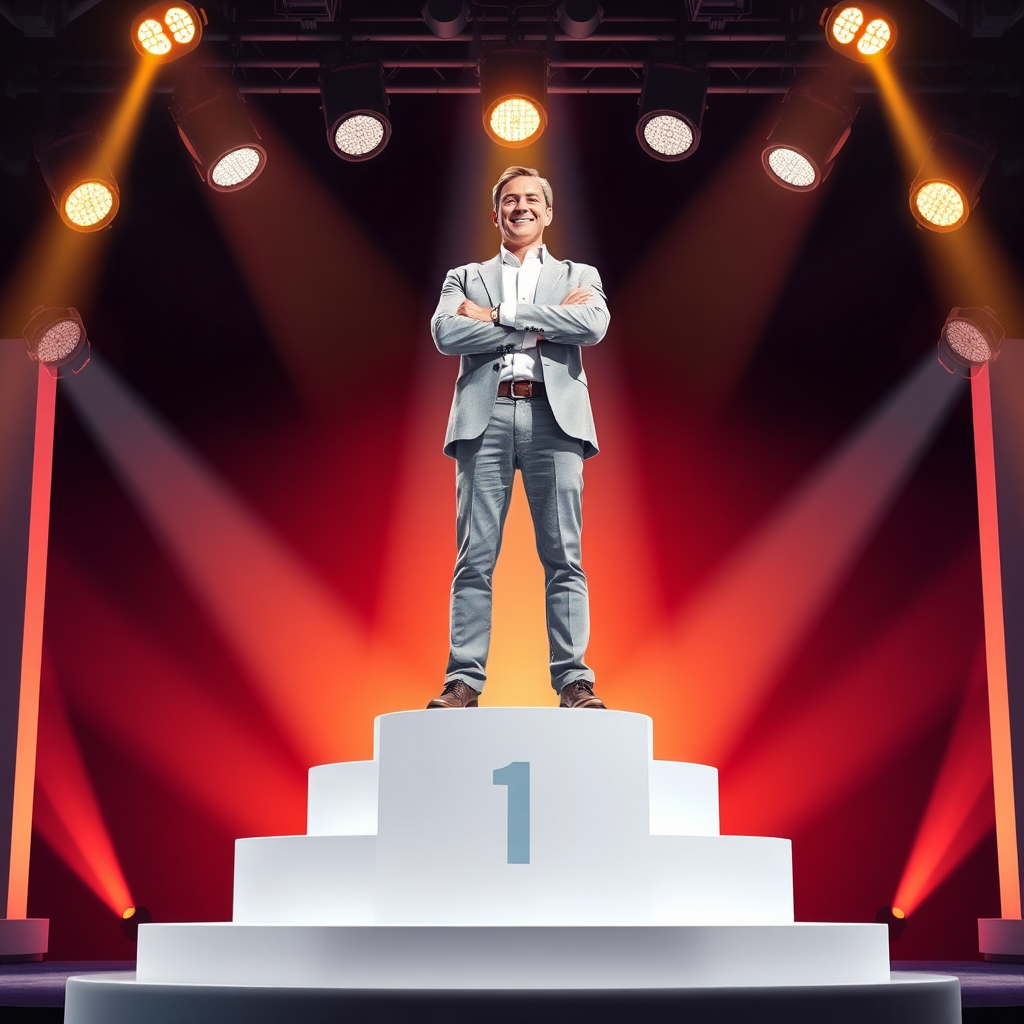 A stylized image depicting a person standing on a pedestal, with spotlights shining on them. The person is projecting confidence and authority, and their personal brand is visually represented by a logo and color scheme. The scene is vibrant and dynamic, conveying a sense of success and recognition. Style reference: Blend of stock photography and marketing elements.