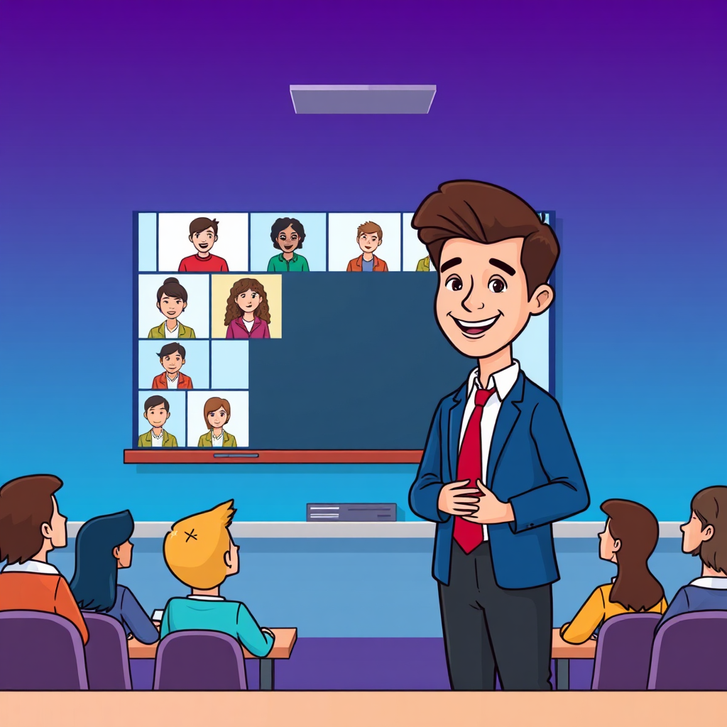 A stylized image depicting a teacher standing in front of a virtual classroom, with students from all over the world. The teacher is smiling and engaging, conveying the importance of sharing knowledge. Color palette includes purple and blue gradient. Style reference: A mixture of cartoon and stock imagery.