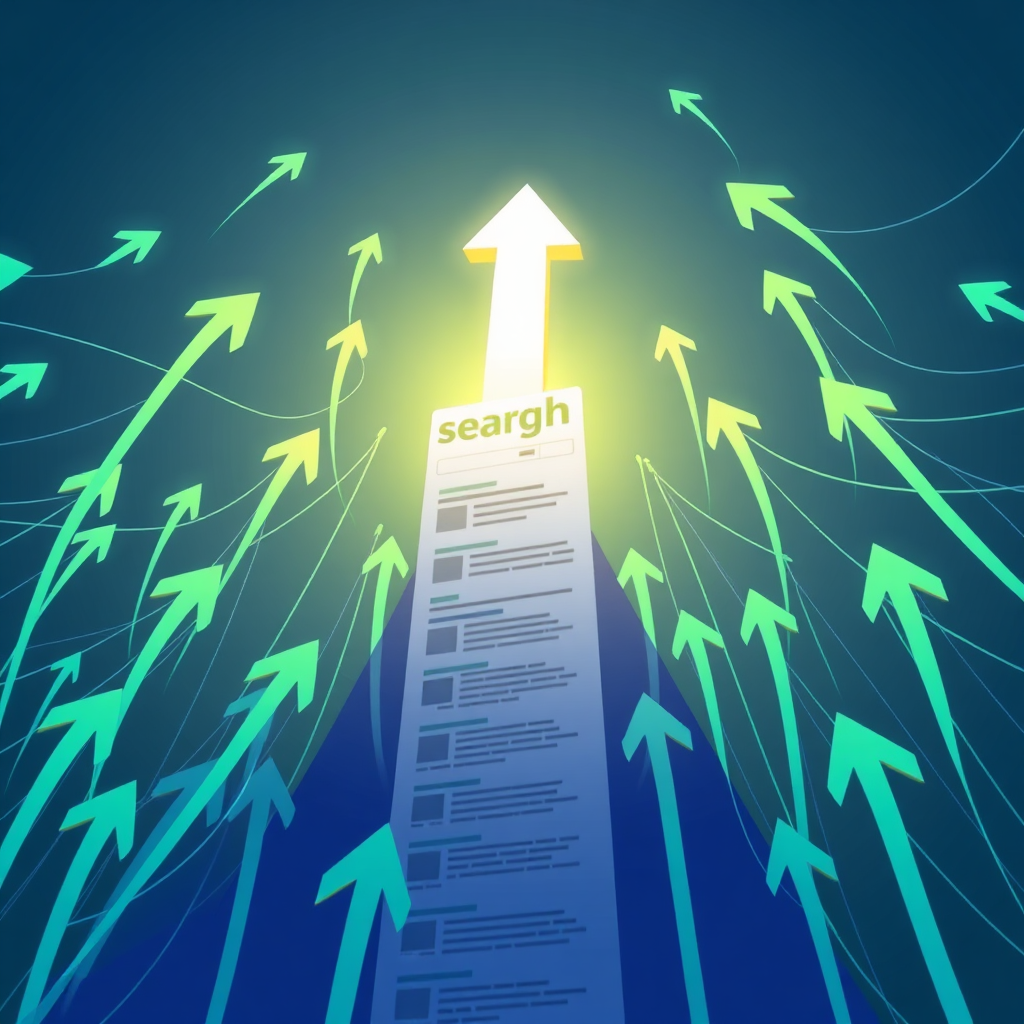 A stylized image depicting a website rising upwards through a web of search results and arrows pointing upwards. The website is brightly lit, and the surrounding search results are less prominent. A sense of upward momentum is conveyed. Color palette includes bright greens and blues with white highlights. Style reference: A combination of digital art and stock imagery.