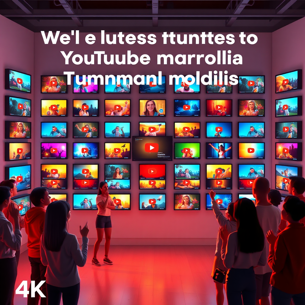 A stylized image representing the impact of a well-curated YouTube thumbnail portfolio. The central element is a stylized representation of a gallery wall filled with glowing, vibrant YouTube thumbnails. Around the gallery, stylized viewers are depicted engaging with the content, expressing excitement and interest through subtle visual cues. The lighting is soft and inviting, highlighting the thumbnails and the positive reactions of the viewers. The color palette is warm and inviting, with a focus on showcasing the diverse colors present in the thumbnails. The camera angle is a medium shot, capturing the gallery wall and the stylized viewers in a balanced composition. The texture details are smooth and polished, creating a sense of professionalism and sophistication. The environment is a clean, modern gallery space. Technical specs: 4K resolution, high quality, stylized rendering.