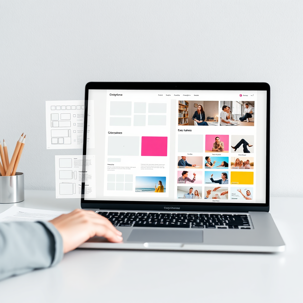 Photorealistic image of a mock website design process, featuring wireframes, color palettes, and example thumbnails. The design is clean and modern. A laptop displays the evolving website layout. The color palette is professional and artistic. The image should represent a collaborative design process. Style: Modern web design process. Technical Specs: 4K resolution, high quality.