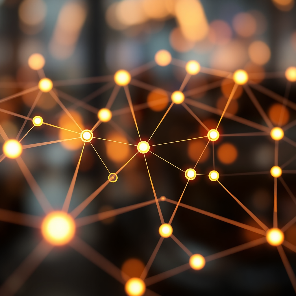 Photorealistic image of a network connecting thumbnail designers with potential clients, represented by interconnected nodes and lines. The nodes are brightly lit, signifying successful connections. The background is a blurred, abstract representation of the digital landscape. The color palette is vibrant and collaborative. Style: Network visualization, modern design. Technical Specs: 4K resolution, high quality.