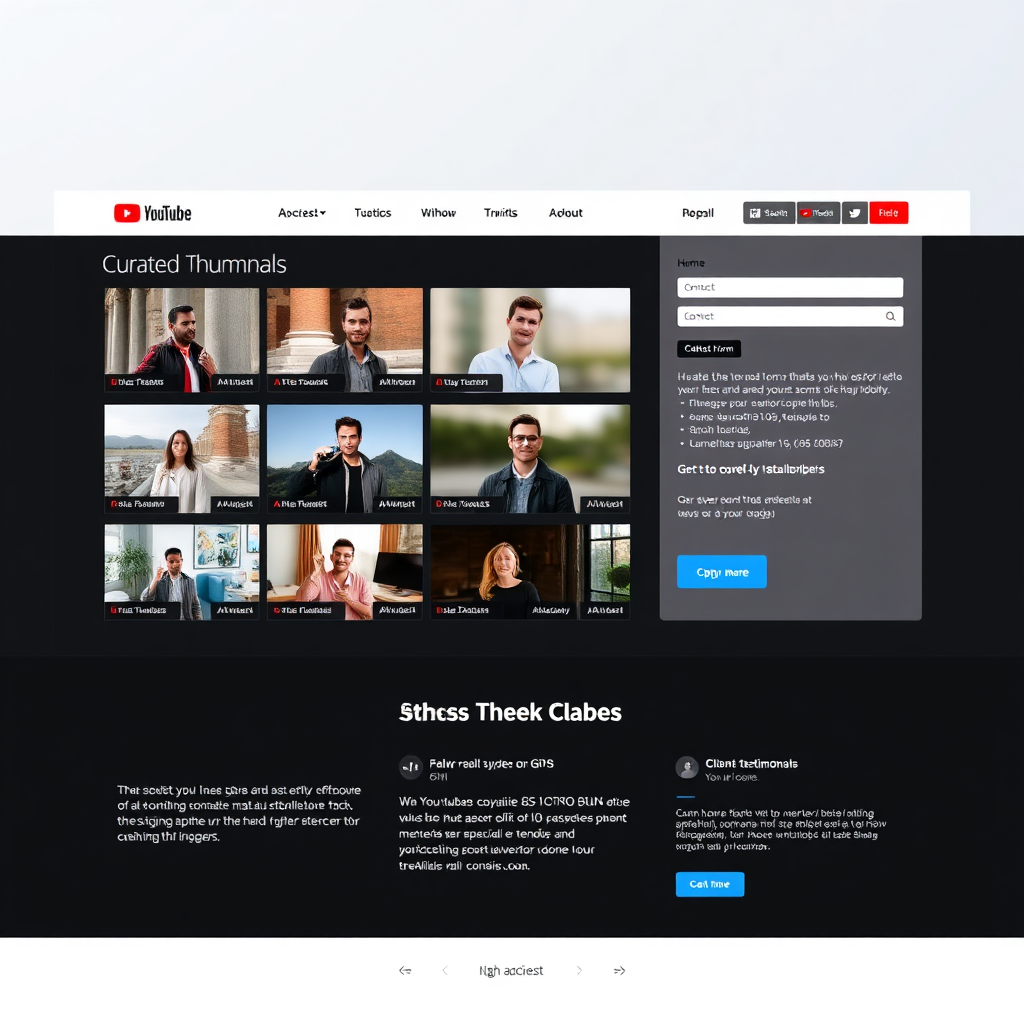 Photorealistic image of a sleek, modern website interface displaying a curated collection of diverse YouTube thumbnails. The website also features a contact form, client testimonials, and a clear call to action. The design is clean and user-friendly. The color palette is professional and inviting. Camera angle is a medium shot, showcasing the entire website. Style: Modern web design. Technical Specs: 4K resolution, high quality.