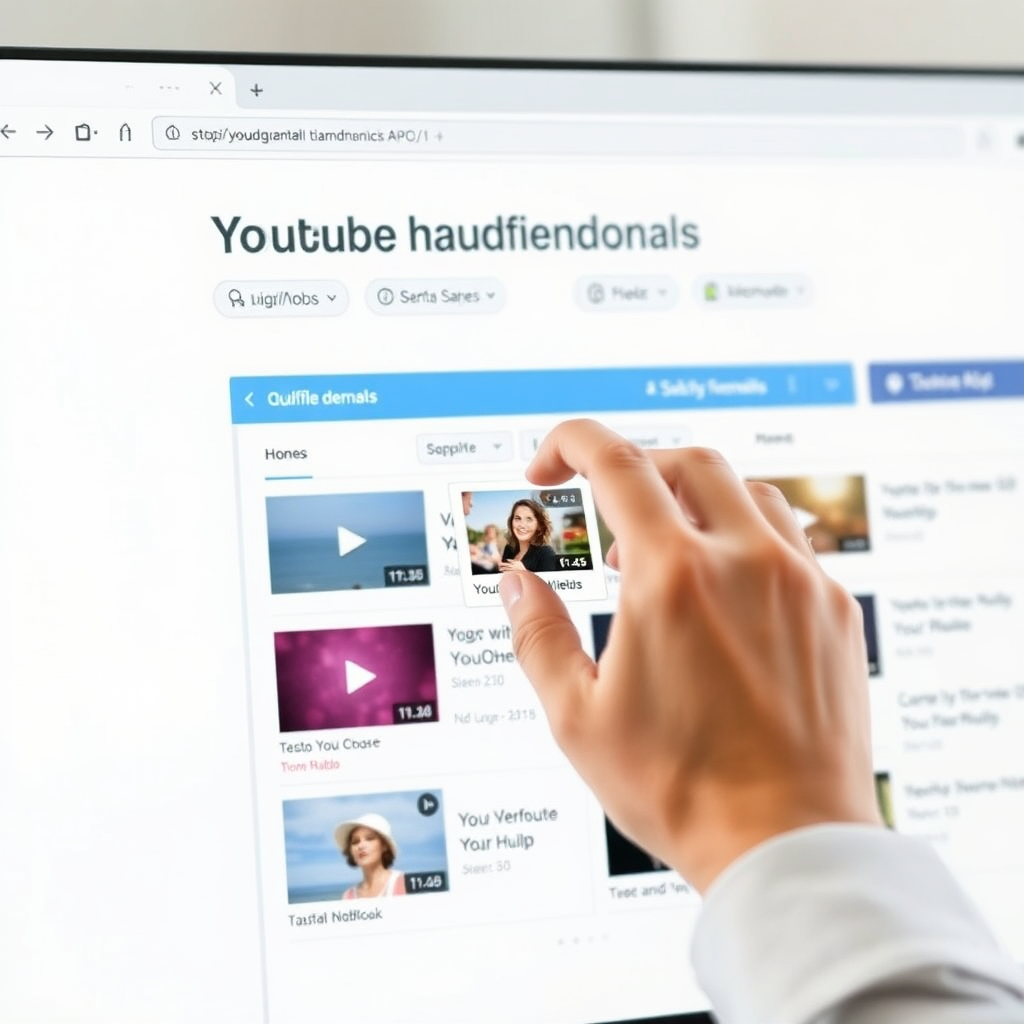 Photorealistic image of a user-friendly website interface with drag-and-drop functionality for organizing YouTube thumbnails into different categories. The interface is clean and intuitive. A hand hovers over the screen, dragging a thumbnail into a folder. The color palette is professional and organized. Camera angle is a close-up shot of the screen. Style: Clean, modern web design. Technical Specs: 4K resolution, high quality.
