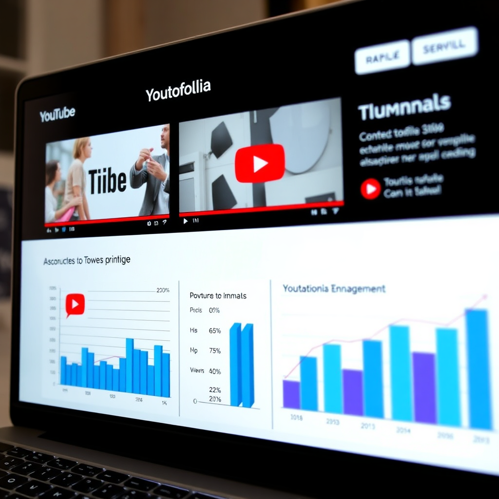 Photorealistic image of a website portfolio showcasing YouTube thumbnails alongside charts and graphs illustrating their positive impact on views and engagement. The data is presented in a clear and concise manner. The website design is professional and data-driven. The color palette is informative and trustworthy. Camera angle is a close-up shot of the screen. Style: Data visualization, modern design. Technical Specs: 4K resolution, high quality.