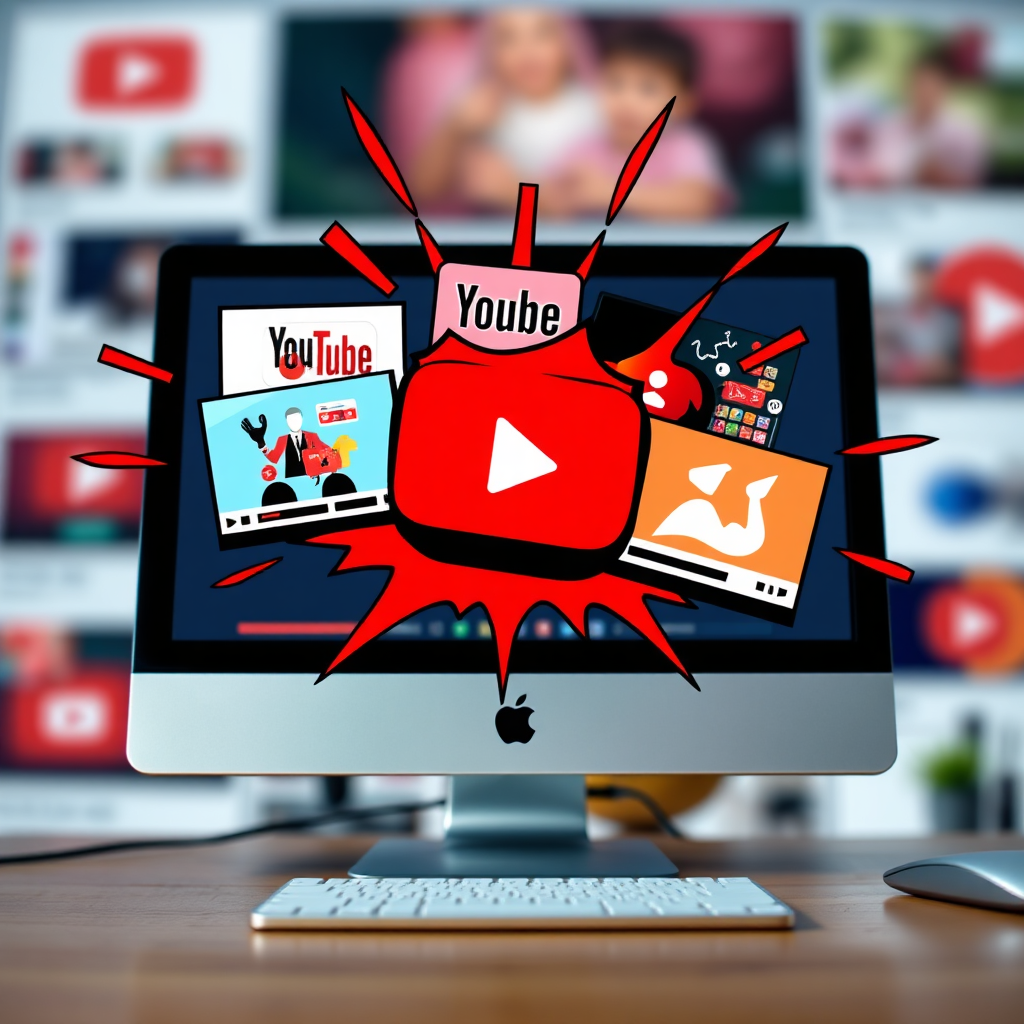 Stylized image depicting a series of vibrant and dynamic YouTube thumbnails bursting out of a computer screen, grabbing the viewer's attention. Each thumbnail showcases a different design style and theme. The background is a blurred, abstract representation of the YouTube platform. The color palette is bold and energetic. Camera angle is a slightly low angle, emphasizing the impact of the thumbnails. Style: Pop art, dynamic and eye-catching. Technical Specs: 4K resolution, high quality.