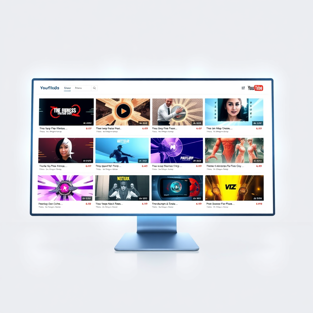 Stylized image of a portfolio website dynamically displaying various YouTube thumbnails, each with unique styles and themes. The thumbnails transition smoothly, creating an engaging visual experience. A subtle glowing effect emanates from the screen, emphasizing the vibrancy of the designs. Color palette should be modern and sleek. Camera angle is a wide shot, showcasing the entire display. Style: Modern digital art. Technical Specs: 4K resolution, high quality.