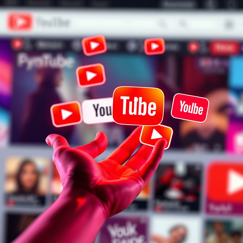 Stylized image of several YouTube thumbnails floating in the air, each glowing with vibrant colors and dynamic designs. A hand reaches out to select one of the thumbnails. The background is a blurred, abstract representation of the YouTube platform. The color palette is energetic and attention-grabbing. Camera angle is a medium shot, focusing on the floating thumbnails. Style: Modern, playful art. Technical Specs: 4K resolution, high quality.