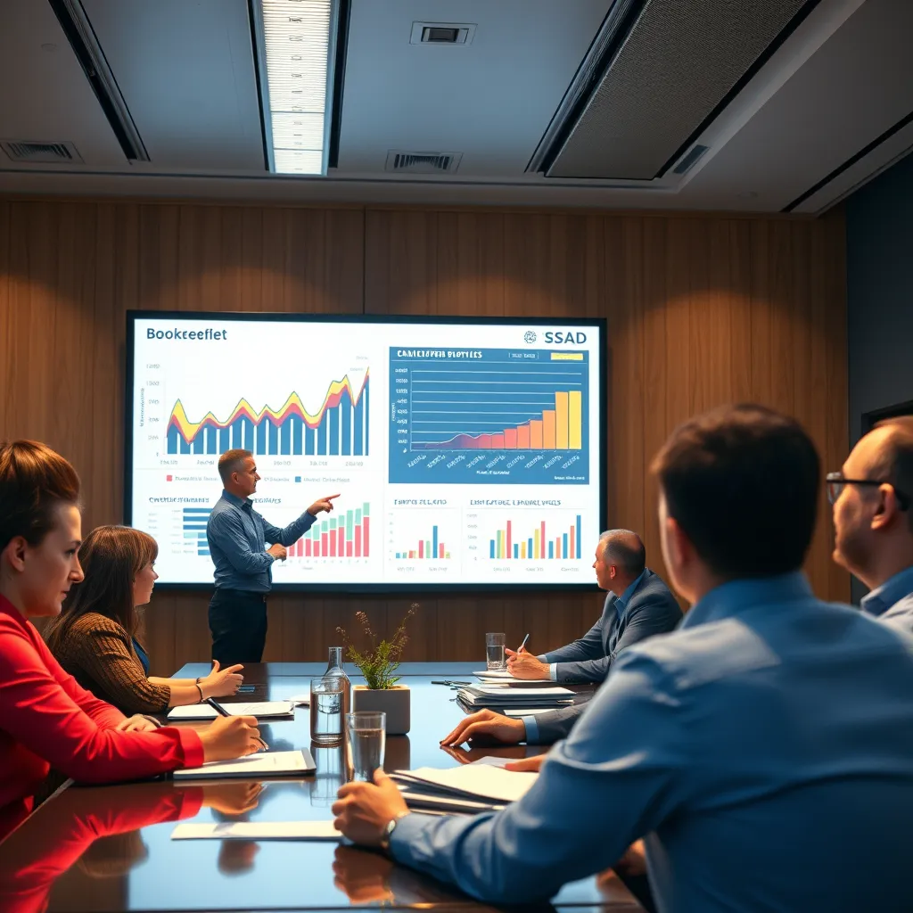 A business meeting room with a bookkeeper presenting financial data to a group of executives. The presentation includes graphs and charts on a large screen, indicating trends and projections. Everyone is engaged and attentive.