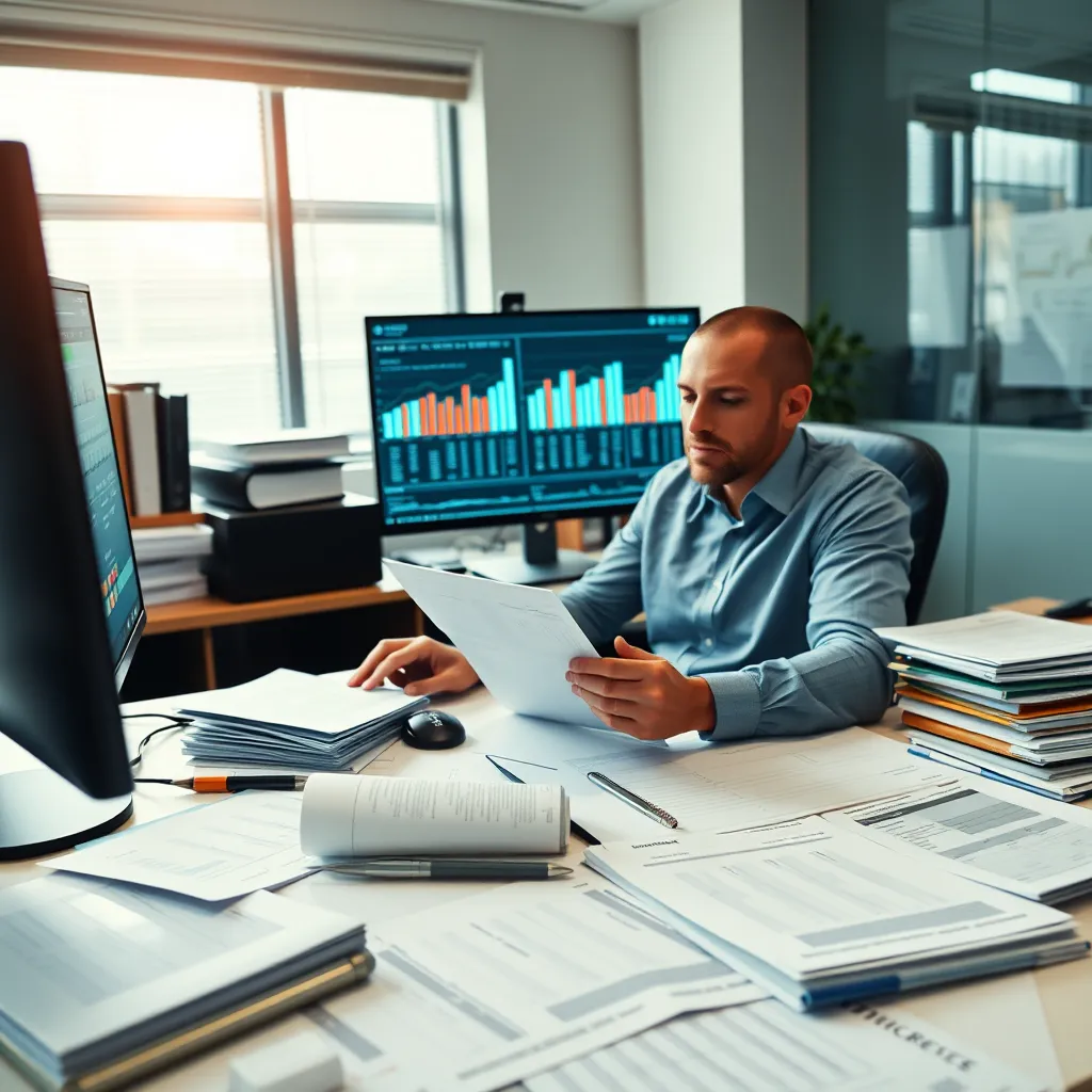 A business office with a desk covered in organized financial documents, ledgers, and accounting software on a computer screen. A focused bookkeeper meticulously reviewing a financial report in a well-lit, professional environment.