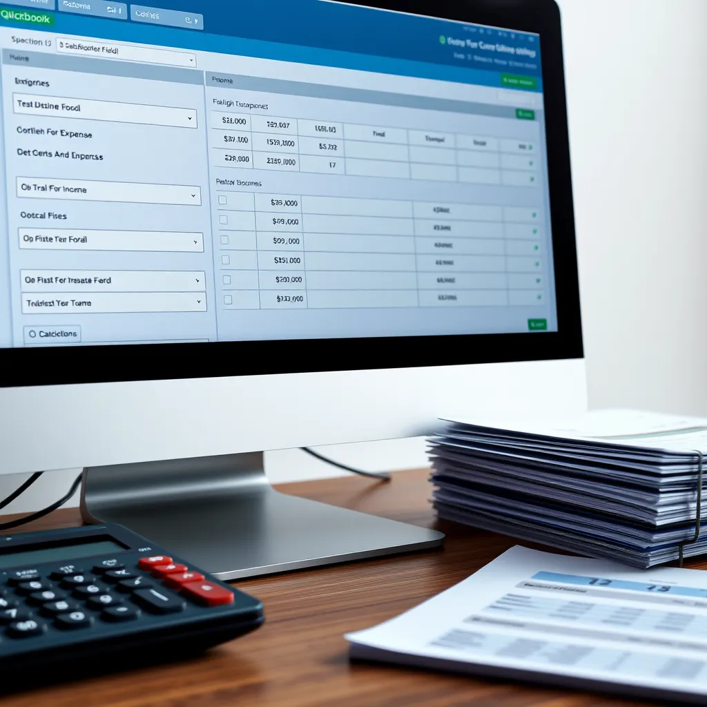 A close-up of a computer screen displaying bookkeeping software like QuickBooks, with fields for tracking expenses and income. Next to the computer, a neatly arranged stack of financial documents and a calculator provide additional context.