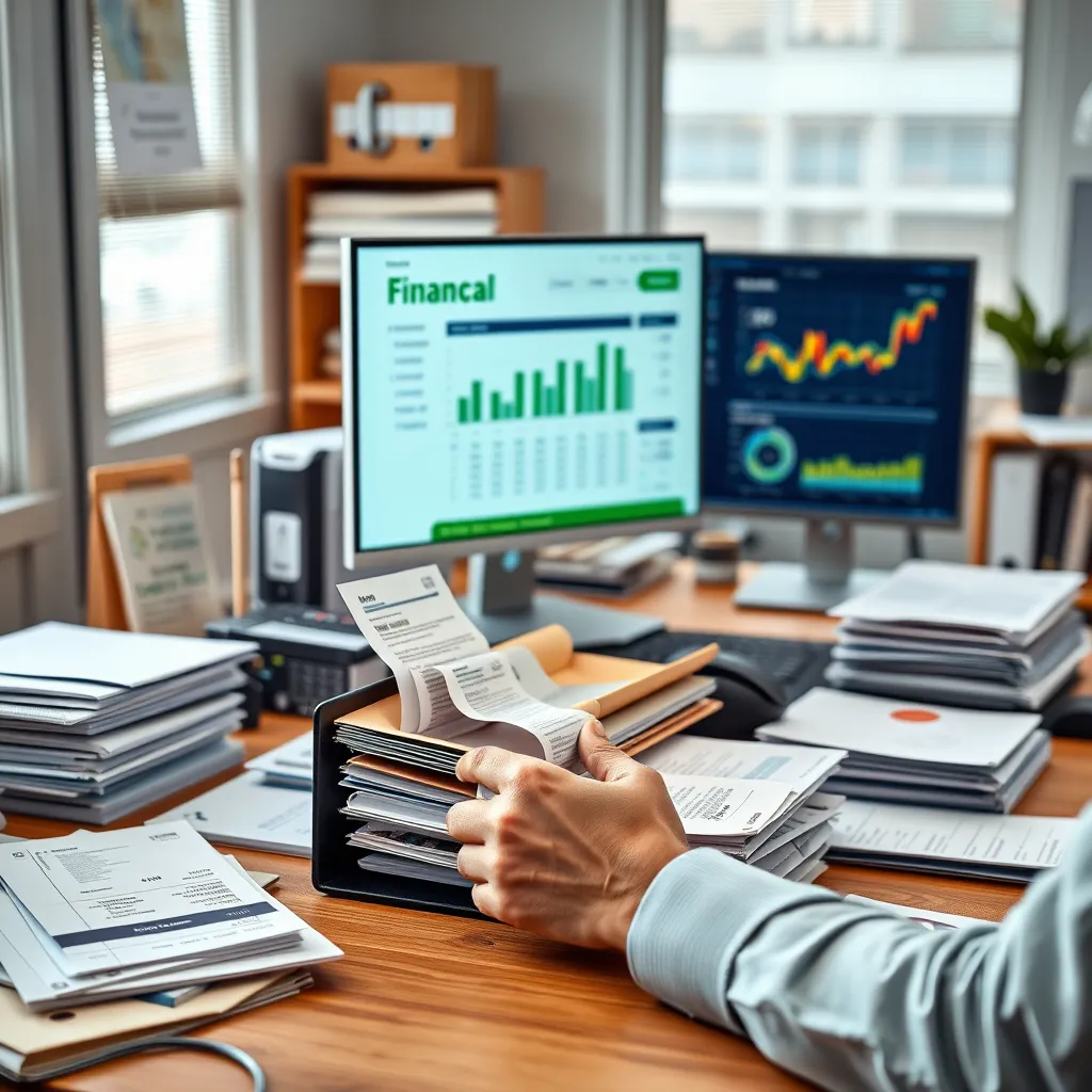 A clutter-free desk with neatly organized financial documents, files, and a computer displaying a financial software dashboard. A person is sorting receipts and invoices into labeled folders, all in a bright, well-lit office setting.