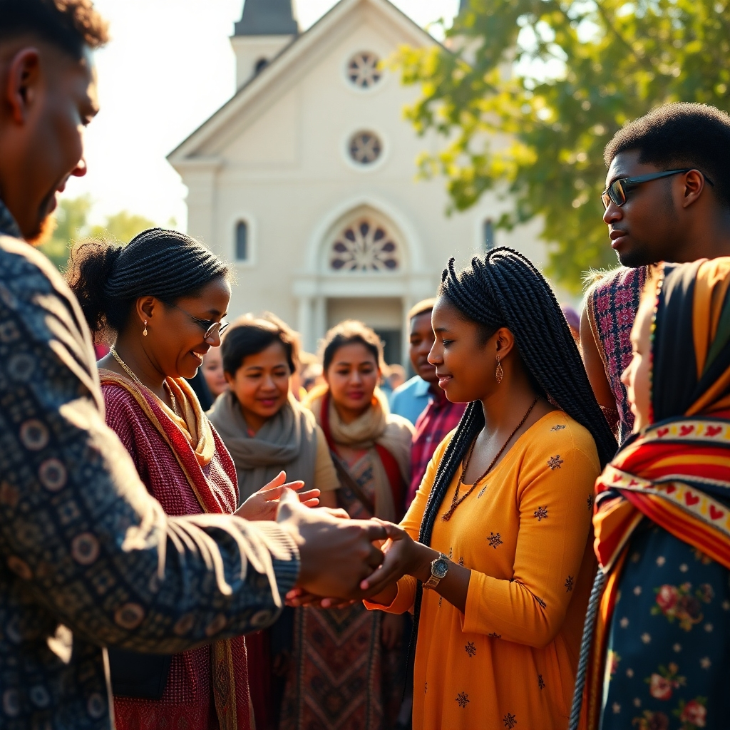 A compelling scene of a diverse group of people engaged in community outreach work, displaying acts of kindness and support, with a church in the background, images of hope and solidarity, and natural sunlight illuminating the interaction.