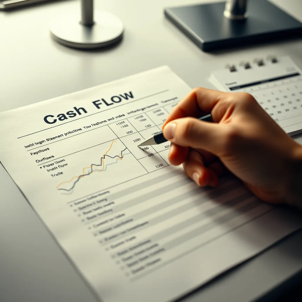 A hand holding a pen over a cash flow statement, with a focus on inflows and outflows, a graph indicating cash flow trends, and a calendar on the side highlighting due dates. The scene is set on a modern office desk.