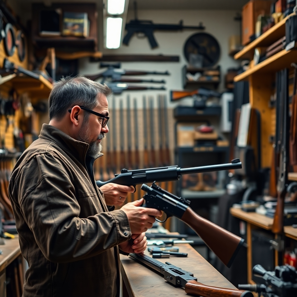 A photorealistic image depicting a gunsmith consulting with a client in a well-organized workshop, surrounded by various firearms. The composition captures a detailed interaction, highlighting the exchange of information about the firearm's issues. Soft, natural lighting highlights both the gunsmith’s expertise and the various tools and firearms in the background. The color palette is warm, promoting trust and professionalism. The camera angle allows for a dynamic view of both the specialist and the client. Style references draw from customer interactions in professional settings. Technical specs are 4K resolution, high quality.