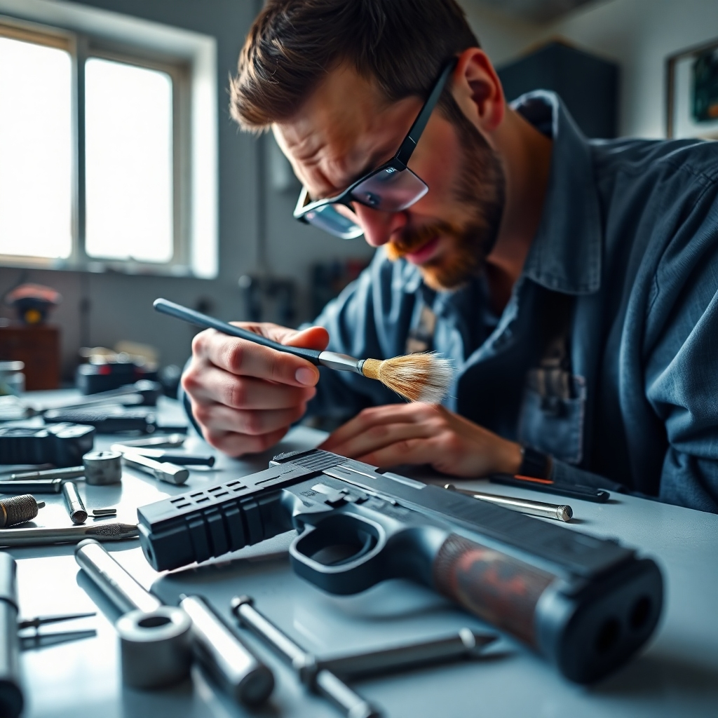 A photorealistic image depicting a gunsmith demonstrating essential cleaning techniques on a semi-automatic pistol. The composition shows a variety of tools laid out on a clean work surface, with the gunsmith in focus, wearing safety glasses, and using a cleaning brush. Bright, natural light floods in from a nearby window, highlighting the fine details of the firearm. The color palette consists of cool blues and metallic grays, emphasizing a professional environment. The camera angle captures both the firearms and the tools, immersed in an organized workspace. Style references emerge from instructional guides used by gunsmiths. The technical specs are 4K resolution, high quality.