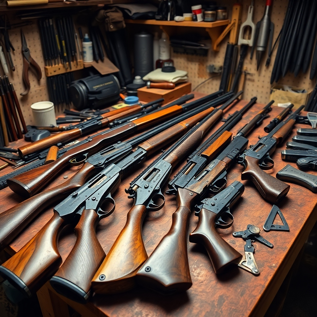 A photorealistic image featuring an array of different firearms displayed on a workbench, highlighting various signs of wear. The setting includes tools and cleaning supplies scattered around, creating a realistic workshop scene. Soft lighting accentuates the details of the gun components, showcasing the textures of metal and wood. The color palette is warm and inviting, enhancing the workshop environment. The camera angle captures the full breadth of the workbench, emphasizing the activity of identification and assessment of wear. Style references may include repair guides. Technical specs are 4K resolution, high quality.