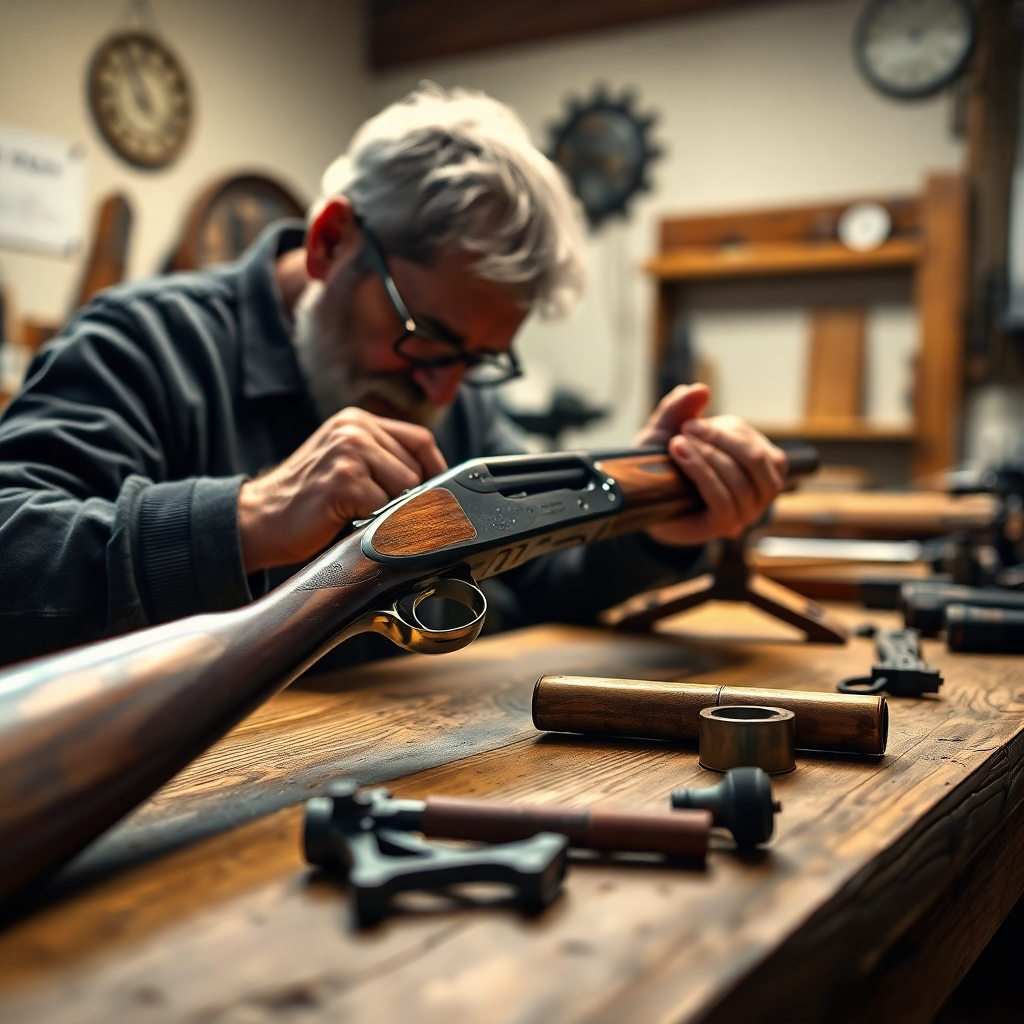 A photorealistic image highlighting a gunsmith carefully restoring an antique shotgun on a well-lit workbench. The composition focuses on the intricate details of the shotgun, showcasing the gunsmith's careful movements. Soft, diffused lighting enhances all textures and elements in a calming atmosphere. The color palette includes warm wood tones and metallic contrasts, representing craftsmanship. The camera angle should be intimate, capturing the artistry involved in firearm restoration.