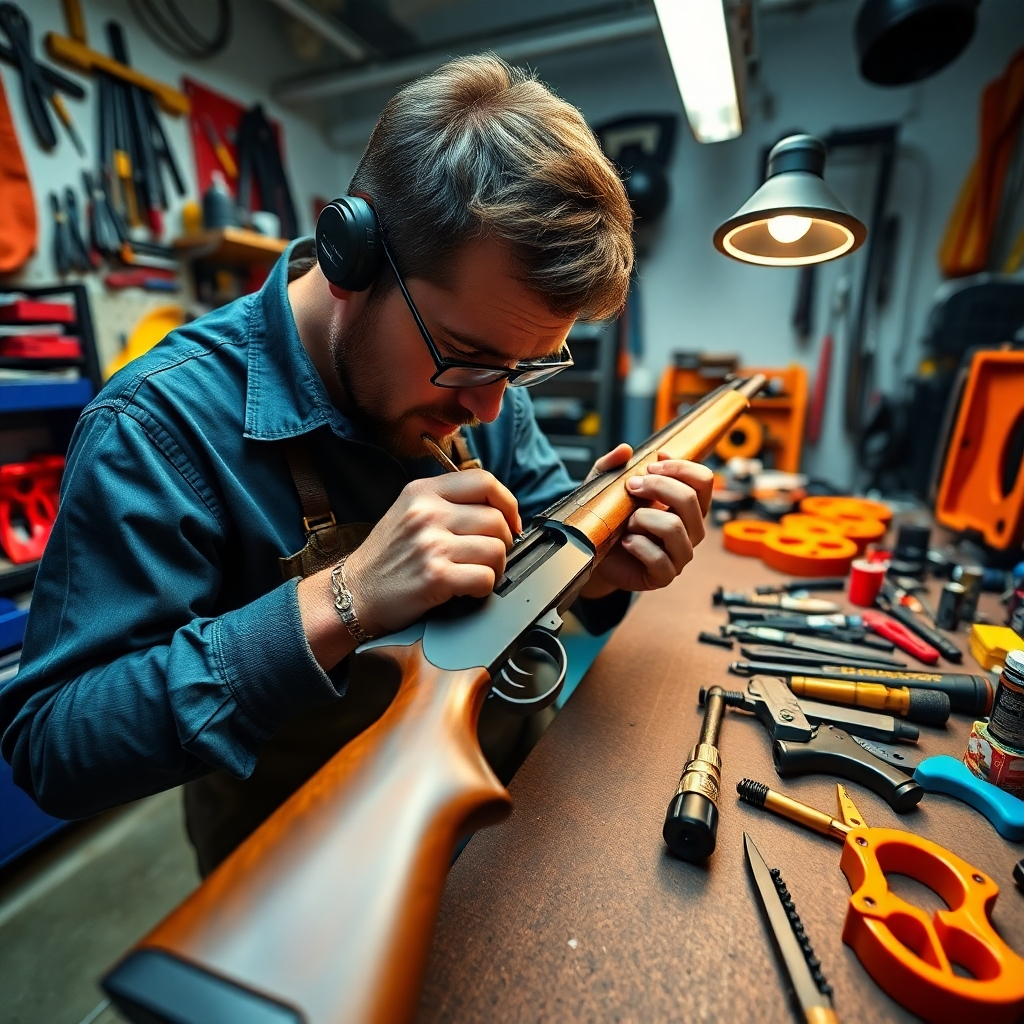 A photorealistic image illustrating a gunsmith custom-fitting parts on a firearm, surrounded by various components and tools in a professional workshop. The environment is bright, with focused lighting accentuating the modifications in progress. The color palette combines vibrant colors of tools and firearm finishes, invoking a sense of creativity. The camera angle offers a direct overhead view, emphasizing the progress and detailed work involved in custom modifications.
