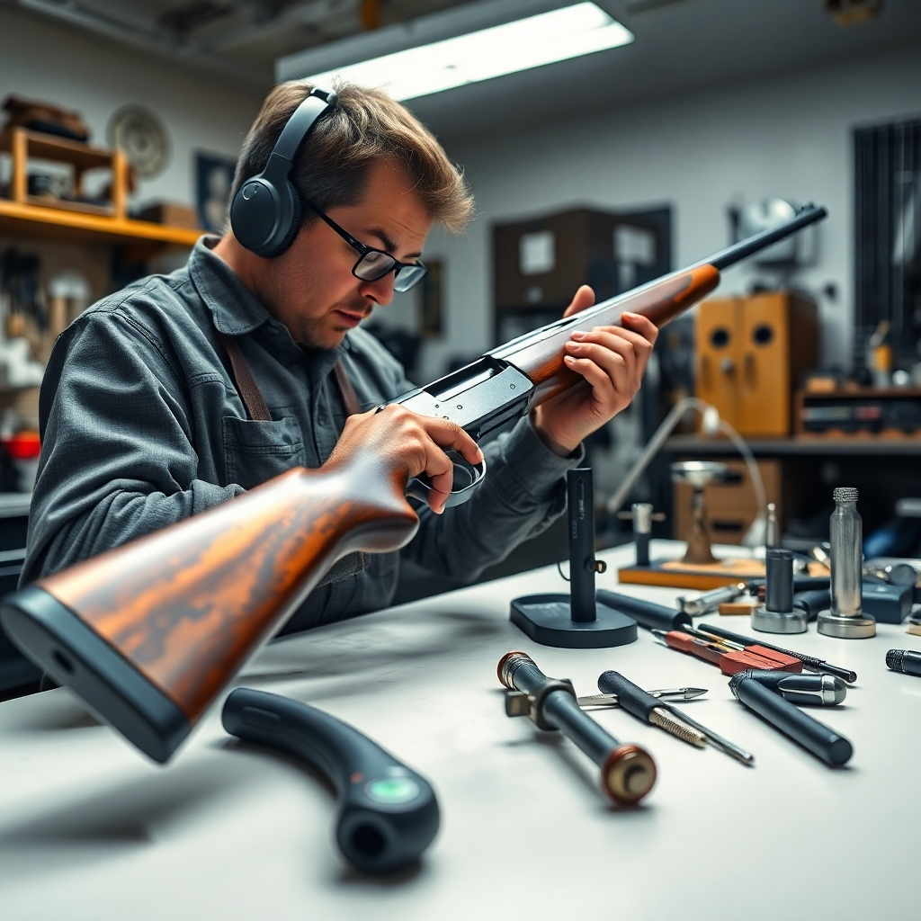 A photorealistic image illustrating a gunsmith performing a thorough inspection on a rifle in a professional environment. The composition highlights various tools and instruments used for servicing, staged beautifully on a clean workspace. Bright, diffused lighting enhances the details of the rifle and tools while casting soft shadows. The color palette focuses on metallic shades and wood tones, promoting professionalism. The camera angle creates a dynamic view of both the gunsmith at work and the intricate gun parts. The style references align with technical repair manuals. Technical specs are 4K resolution, high quality.