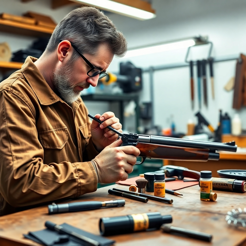 A photorealistic image of a gunsmith using specialized cleaning equipment on a rifle in a clean workshop environment. The workbench is organized with brushes, oils, and cleaning kits arranged neatly. Bright, ambient lighting highlights the focus area, ensuring clarity. The color palette is earthy, combining browns and greens that evoke professionalism. The camera angle is slightly elevated, capturing the gunsmith in action while emphasizing the tools and rifle details.