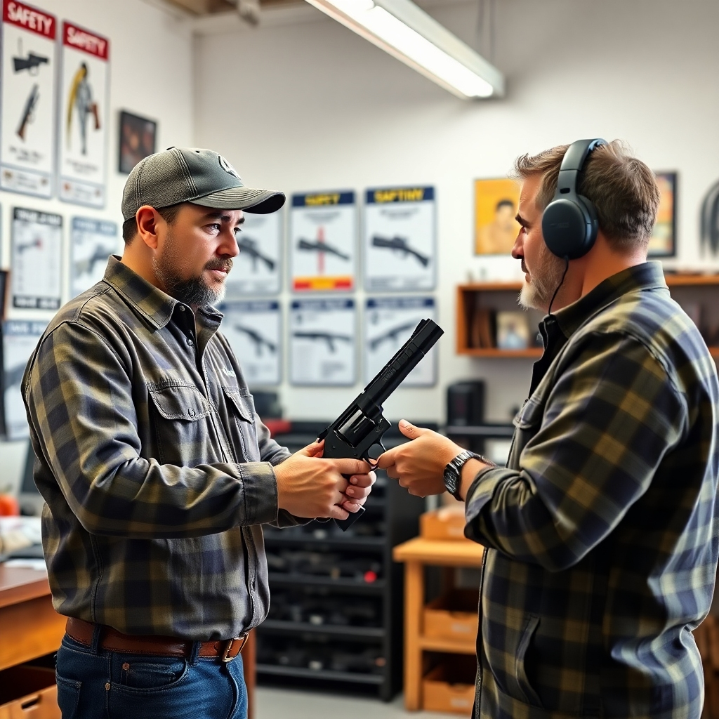 A photorealistic image of a gunsmith demonstrating safe handling practices while showing a firearm to a customer. The environment is bright and well-organized, with safety posters in the background. The gunsmith is engaging with the customer, holding the gun with proper grip and stance. Natural light illuminates the scene, enhancing the details of both the firearm and the workshop. The color palette includes light, neutral tones, which promote a sense of safety and professionalism. The camera angle captures both parties and the careful interaction involved in gun safety. Style references are drawn from safety training materials. Technical specs are 4K resolution, high quality.
