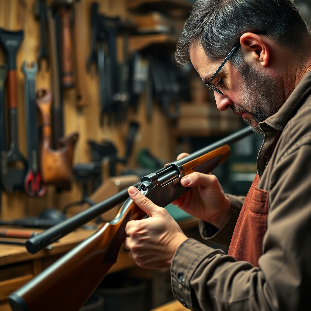 A photorealistic image representing the essence of gun repair, featuring a close-up of a skilled gunsmith carefully inspecting and cleaning a rifle in a beautifully arranged workshop. The composition emphasizes the detailed craftsmanship and attention to safety. Soft, diffused lighting creates a warm atmosphere, enhancing the textural details of the wood and metal surfaces. The color palette is rich with earth tones, invoking a sense of tradition and reliability. The environment showcases tools neatly organized on a wall, with a focus on the gunsmith's hands working diligently. Style reference includes classic workshop aesthetics, combining functionality with artistry. The technical specs are 4K resolution, high quality.