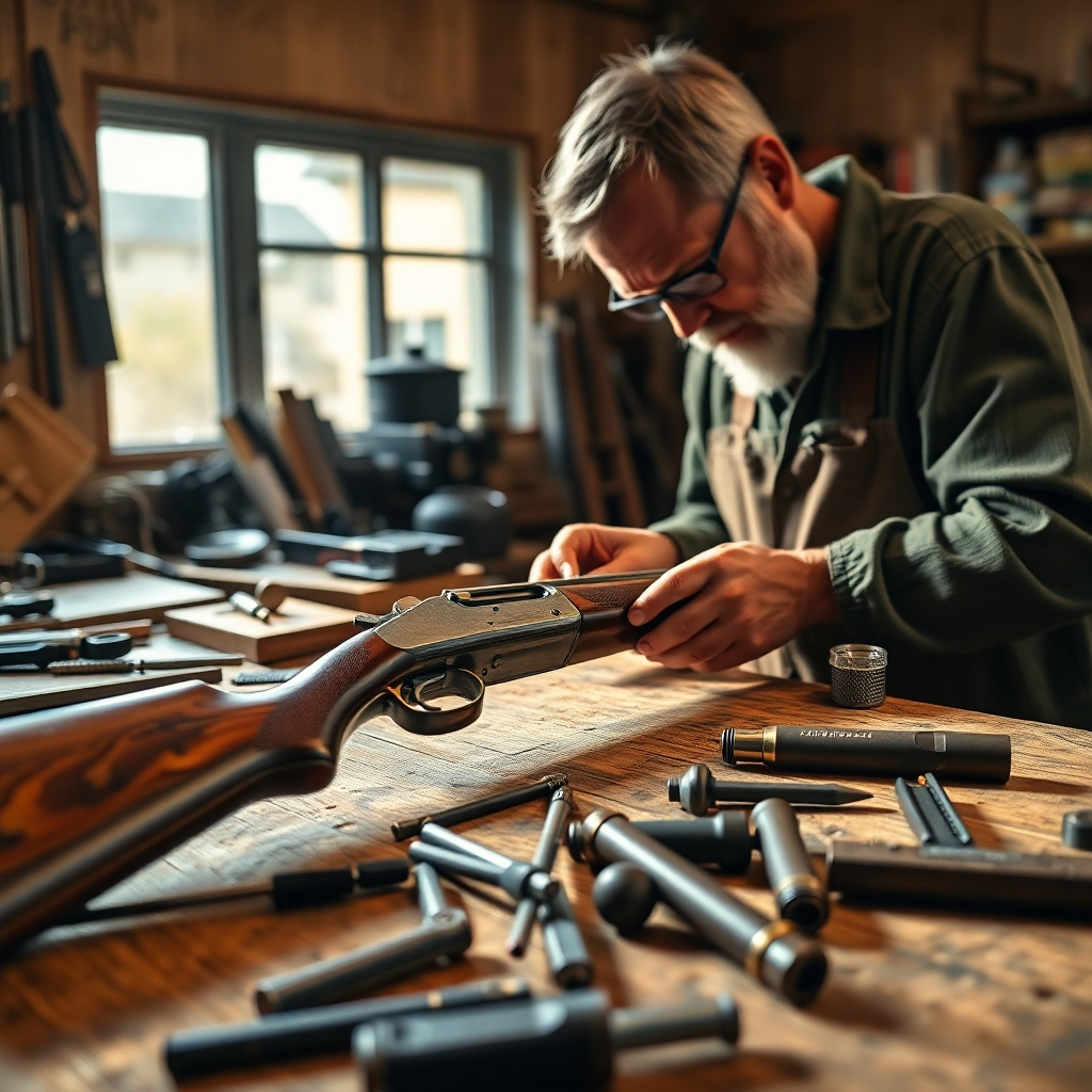 A photorealistic, ultra-high quality header image showcasing a skilled gunsmith working on a vintage firearm in a well-lit workshop. The composition captures intricate details of gun components on a wooden workbench, with the gunsmith focused on precision. Natural light streams through a window, highlighting the texture of the wood and metal surfaces. The overall color palette features warm tones, emphasizing craftsmanship. The camera angle is slightly elevated, capturing both the gunsmith's concentration and the tools scattered around, including screwdrivers, cleaning rods, and parts in various stages of repair. The style references a blend of realism and warmth, showcasing tools akin to those found in a professional gunsmith's shop. Technical specs include 8K resolution, hyperrealistic finish.