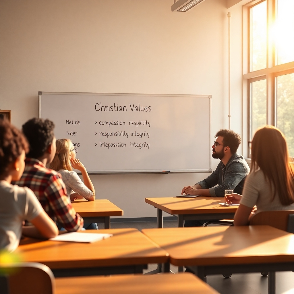 A serene classroom setting featuring diverse students engaged in a discussion, with a whiteboard displaying key Christian values like compassion, responsibility, and integrity. Sunlight streams through large windows, creating a warm and inviting atmosphere.