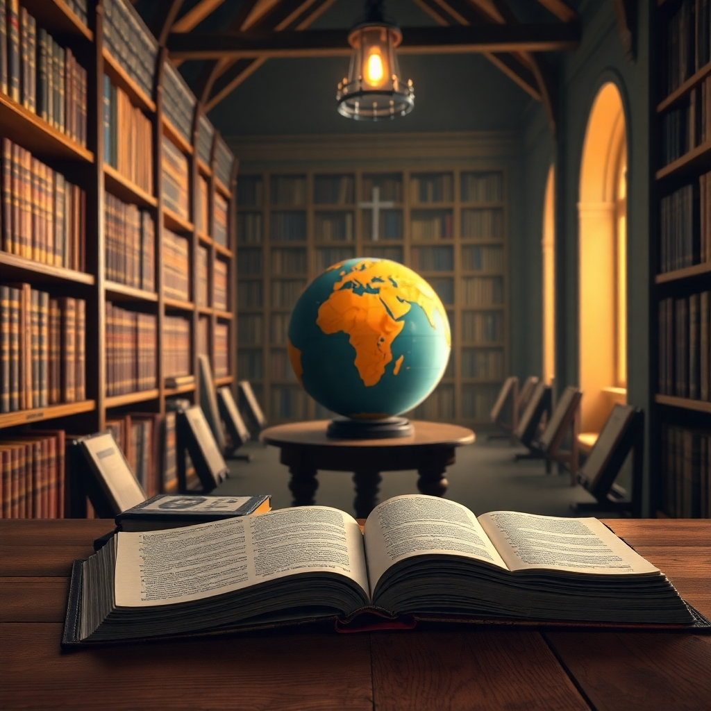 A serene library with ancient and modern theological texts, a wooden table with open Bibles, a warm light illuminating a globe representing world Christianity, and a cross subtly integrated into the background, symbolizing diverse theological study.