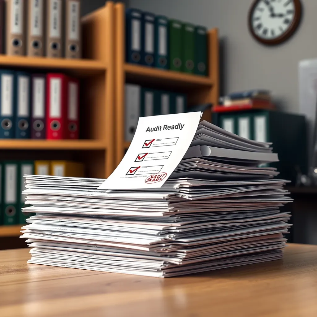 A stack of neatly organized financial documents with a checklist being marked off, a tax form partially visible, and a stamp that says 'Audit Ready'. The background includes shelves with labeled binders and a clock on the wall.
