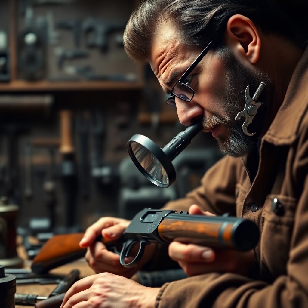 A stylized image showcasing a detailed view of a gunsmith examining a gun with a magnifying glass. The setting is a classic workshop filled with tools and parts, creating a sense of expertise. The lighting is soft and warm, casting gentle shadows that emphasize the craftsmanship of the various tools. The color palette includes earthy browns and dark metals, evoking a feeling of tradition. The camera angle focuses closely on the gunsmith's focused expression and the intricate parts being scrutinized. Style references include vintage repair manuals. Technical specs are 4K resolution, high quality.
