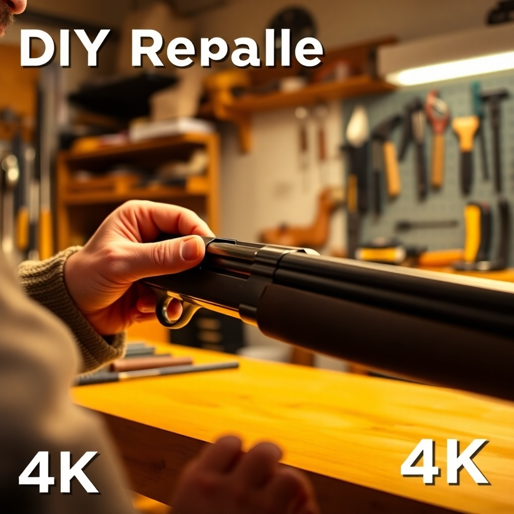 A stylized image showcasing a person using a basic toolset to perform DIY repairs on a shotgun. The environment is a bright workshop with organized tools in the background. The lighting is warm, creating an inviting atmosphere. The focus is on the individual’s hands, dexterously fitting components together, showcasing the fundamentals of gun repair. The color palette is rich with warm yellows and browns, emphasizing the hands-on approach. The camera angle is close-up, capturing detail and focus. Style references include contemporary DIY resources. Technical specs are 4K resolution, high quality.