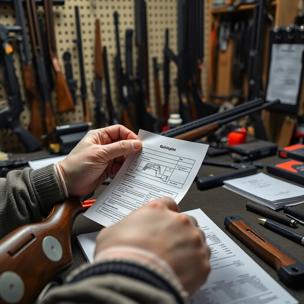 A stylized image showing a close-up of a gunsmith’s hands outlining a troubleshooting guide on paper while referencing a firearm. The environment is cluttered with guns, tools, and manuals that add to the engaged atmosphere. The lighting is bright, focusing closely on the hands and paper, emphasizing action. The color palette features contrast between the stark white of the paper and the dark tools, enhancing clarity. The camera angle captures the guide being discussed alongside the firearm, presenting a clear educational moment. Style references come from practical repair workshops. Technical specs are 4K resolution, high quality.