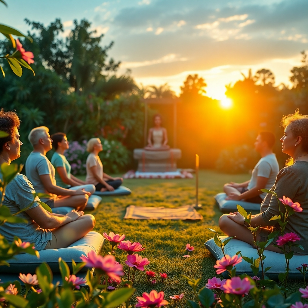 A tranquil outdoor setting in a lush garden, featuring a small group of people sitting comfortably on cushions in a circle, eyes closed in meditative silence. The sun sets in the background, casting golden hues and dramatic side lighting that illuminates their peaceful faces, creating a serene mood. The color palette includes soft pastels of blue, pink, and green, invoking a sense of calm. The camera captures a wide-angle perspective, showcasing vibrant flowers and greenery surrounding the participants, inviting a sense of oneness with nature. Textures of the fabric cushions, petals, and leaves are extraordinarily detailed. Gentle wind makes the leaves rustle, contributing to the serene ambiance. An altar with candles and a cross can be seen in the background, enhancing the spiritual atmosphere. The style references peaceful nature photography and should be rendered in ultra-detailed quality at 8K resolution.