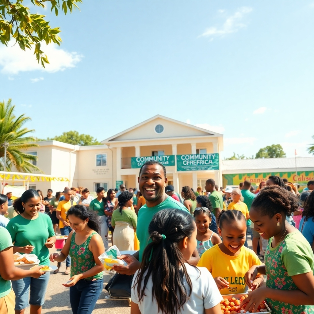 A vibrant community event scene on a sunny day, with varied groups of people collaborating on different activities such as food distribution, educational workshops, and children's games. The composition showcases participants engaging joyfully, with expressive smiles and a sense of unity and purpose. Bright, saturated colors dominate the palette with shades of green, blue, and yellow to reflect the lively atmosphere. The camera angle should be slightly elevated, offering a sweeping view of the event and capturing the busy energy and enthusiastic interactions among individuals of all ages. Textures of clothing, food items, and community banners are presented in detail. In the background, a community center with an inviting facade and volunteers interacting with the public adds context. The image has a documentary style feel, emphasizing human connection, and should be rendered in hyperrealistic quality at 8K resolution.