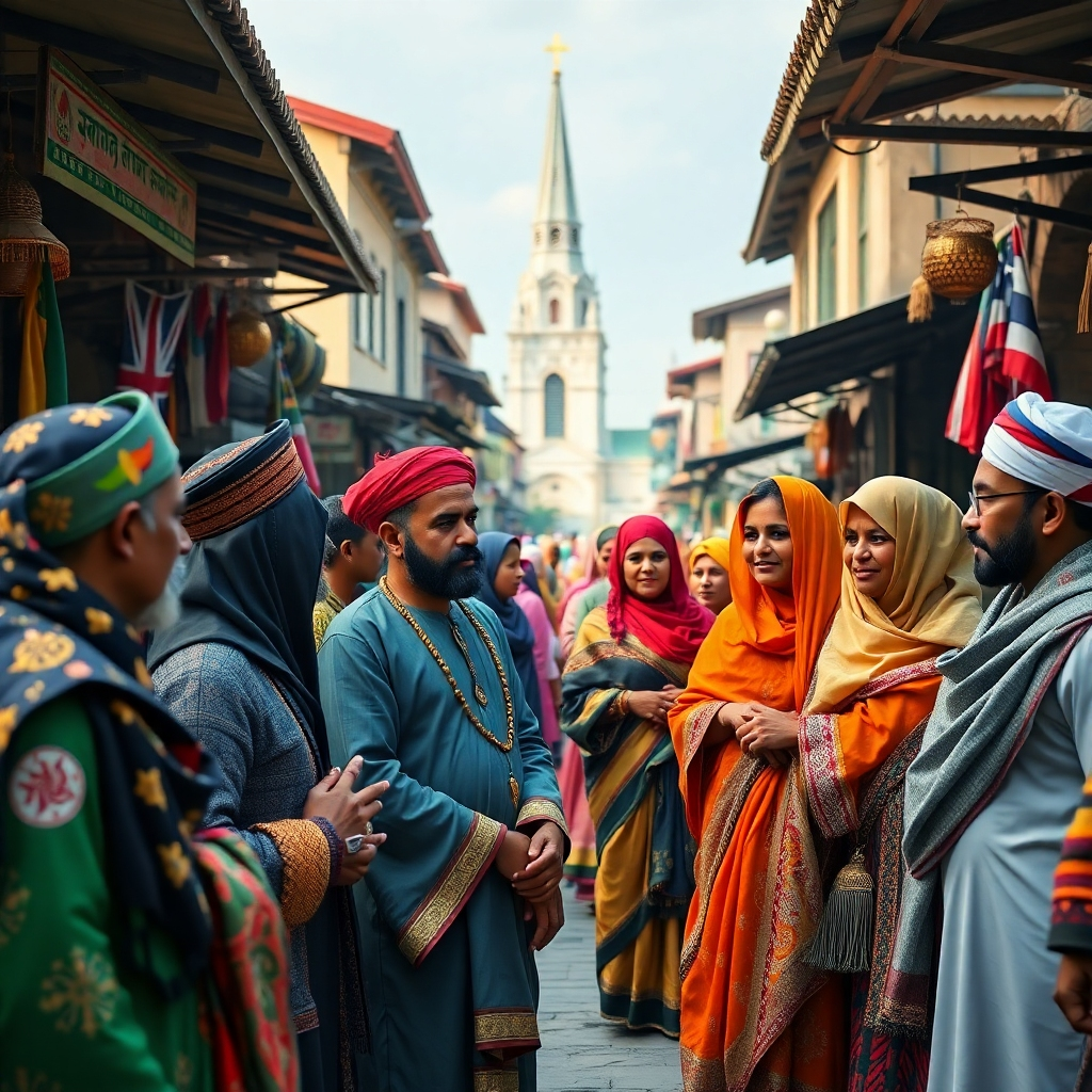 A vibrant marketplace scene with diverse individuals in traditional attire, engaging in a dialogue about faith, adorned with symbols of various cultures, while a church spire is visible in the background connecting modernity with tradition.