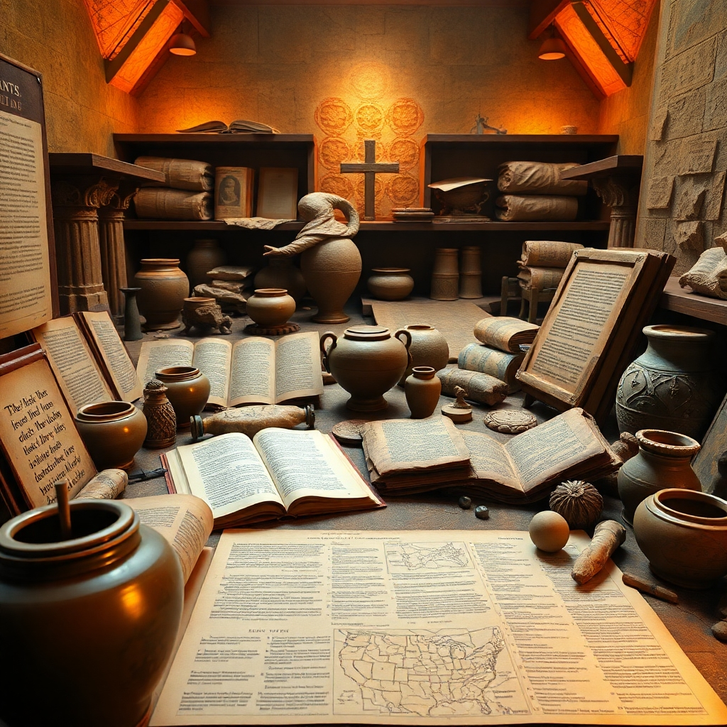 A visually rich montage showcasing ancient biblical texts, archaeological artifacts like pottery and scrolls, and a historic timeline map of Christian milestones across different cultures and eras, all in a serene, scholarly setting with soft ambient lighting.