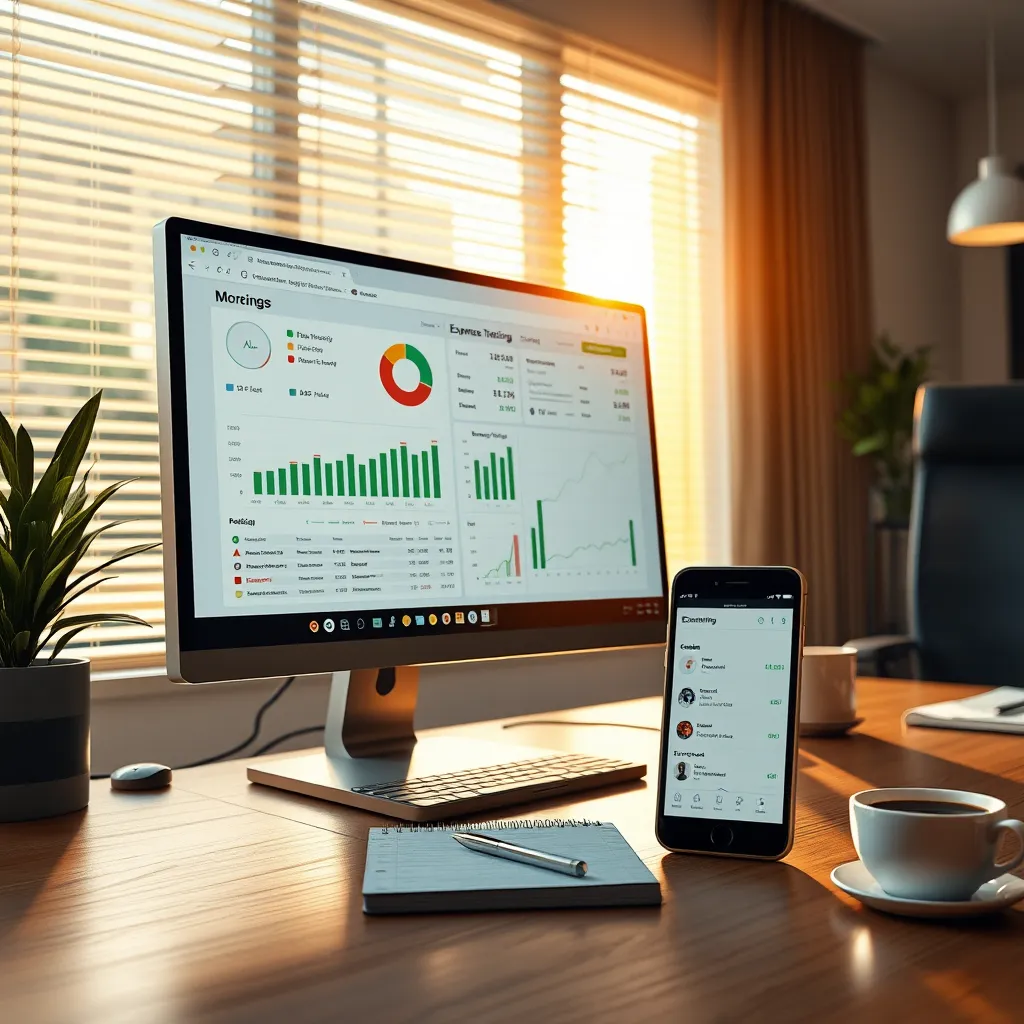 Create a photorealistic representation of 'Expense Tracking'. The scene is an office desk featuring a high-end desktop computer displaying expense tracking software with detailed charts and expense categories. Beside the computer, a smartphone shows a synced expense tracking app. The lighting is warm and inviting, with morning sunlight filtering through blinds, creating a productive atmosphere. The color palette includes various shades of soft greens and neutral tones to convey efficiency and calm. The camera perspective is a mid-angle shot focusing on the computer screen and smartphone. Detailed textures should include the sleek metallic finish of the computer and the tactile feel of the smartphone. Environment details should include a cup of coffee, a neat notepad with a pen, and a modern office chair in the background. Ensure the image is in 8K resolution, hyperrealistic, and highly detailed, capturing the essence similar to professional tech product photography.