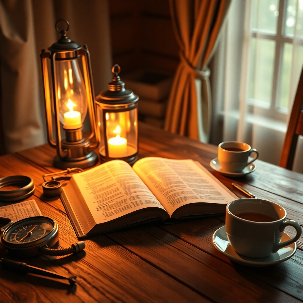 Create a photorealistic, ultra-high-quality header image that represents the essence of Manna Ministries. The main focus should be an open Bible at a wooden table, surrounded by an array of diverse objects symbolizing Christian studies, such as a glowing lantern, a compass, and a cup of steaming tea. The lighting should be warm, emanating from the lantern and creating soft shadows, evoking a sense of comfort and contemplation. The color palette should consist of earth tones like rich browns, deep greens, and golden hues, providing a serene and inviting mood. Capture the scene from a slightly elevated camera angle, allowing all elements to be showcased harmoniously. Textures should be detailed, highlighting the wood grain of the table, the fibers of the Bible pages, and the warm glow of the lantern. Include soft fabric drapes in the background, along with faint outlines of a cottage window to suggest a peaceful environment. The style should be inspired by photorealistic paintings, ensuring an inviting ambiance. Technical specifications: 8K resolution, hyperrealistic finish., ultra high resolution, photorealistic, 8K, hyperdetailed, cinematic lighting