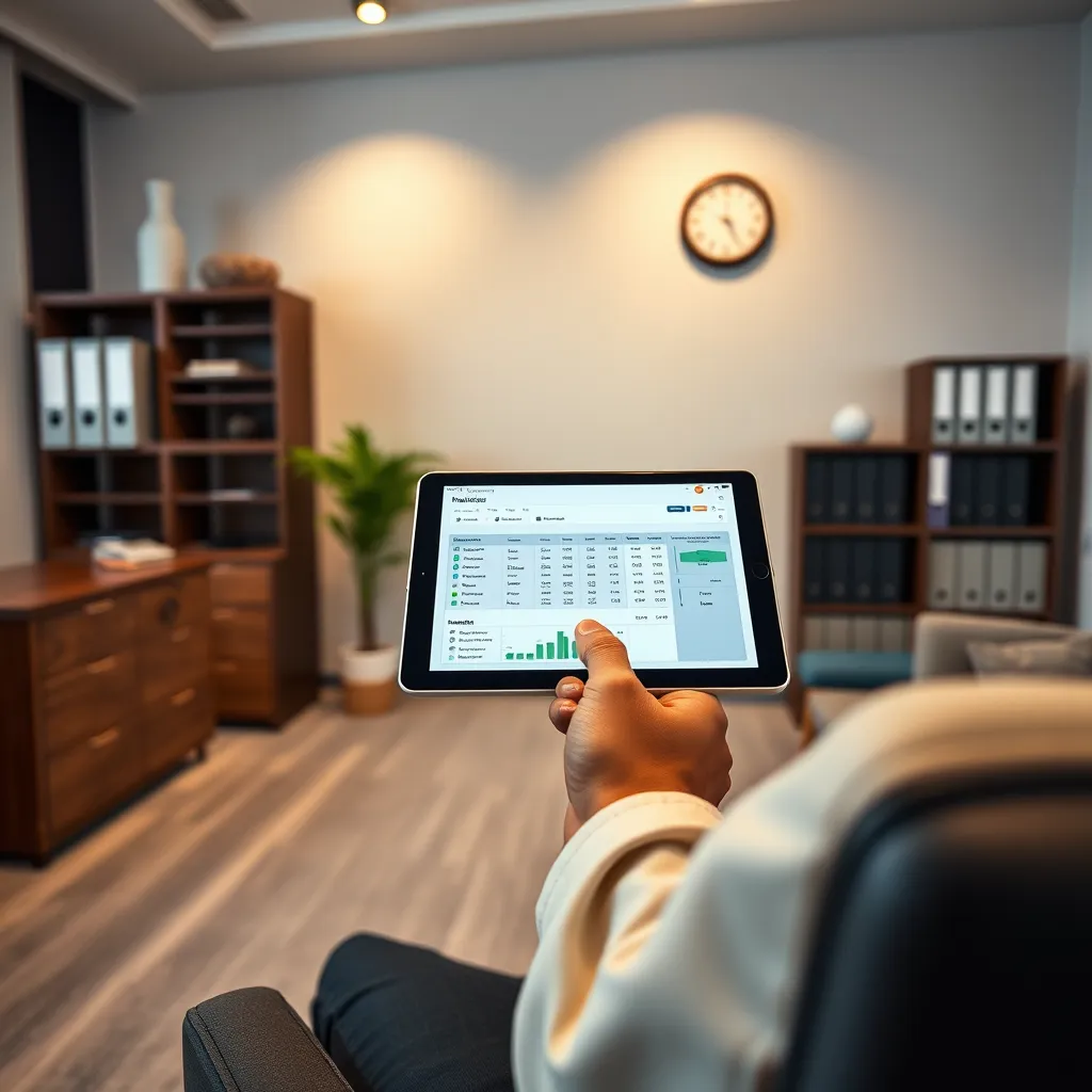 Design a photorealistic image for the 'Invoice Management' service. The scene includes a modern office space with a professionally dressed individual using a tablet to manage invoices. The tablet screen displays a detailed invoicing software interface with various invoice templates and status indicators. Soft diffused lighting provides a calm, balanced illumination, enhancing focus. The color palette includes warm neutrals, dark wood tones, and subtle blues for a sophisticated and efficient ambiance. The camera angle is at eye-level, capturing the user's engagement with the tablet screen. Textures should highlight the clean lines of the modern furniture, the soft texture of the individual’s blazer, and the sleek surface of the tablet. Background elements include a minimalistic shelving unit with neatly organized files and a modern wall clock. Capture every intricate detail to achieve hyperrealism and ultra-high quality in 8K resolution, inspired by professional corporate photography scenes.