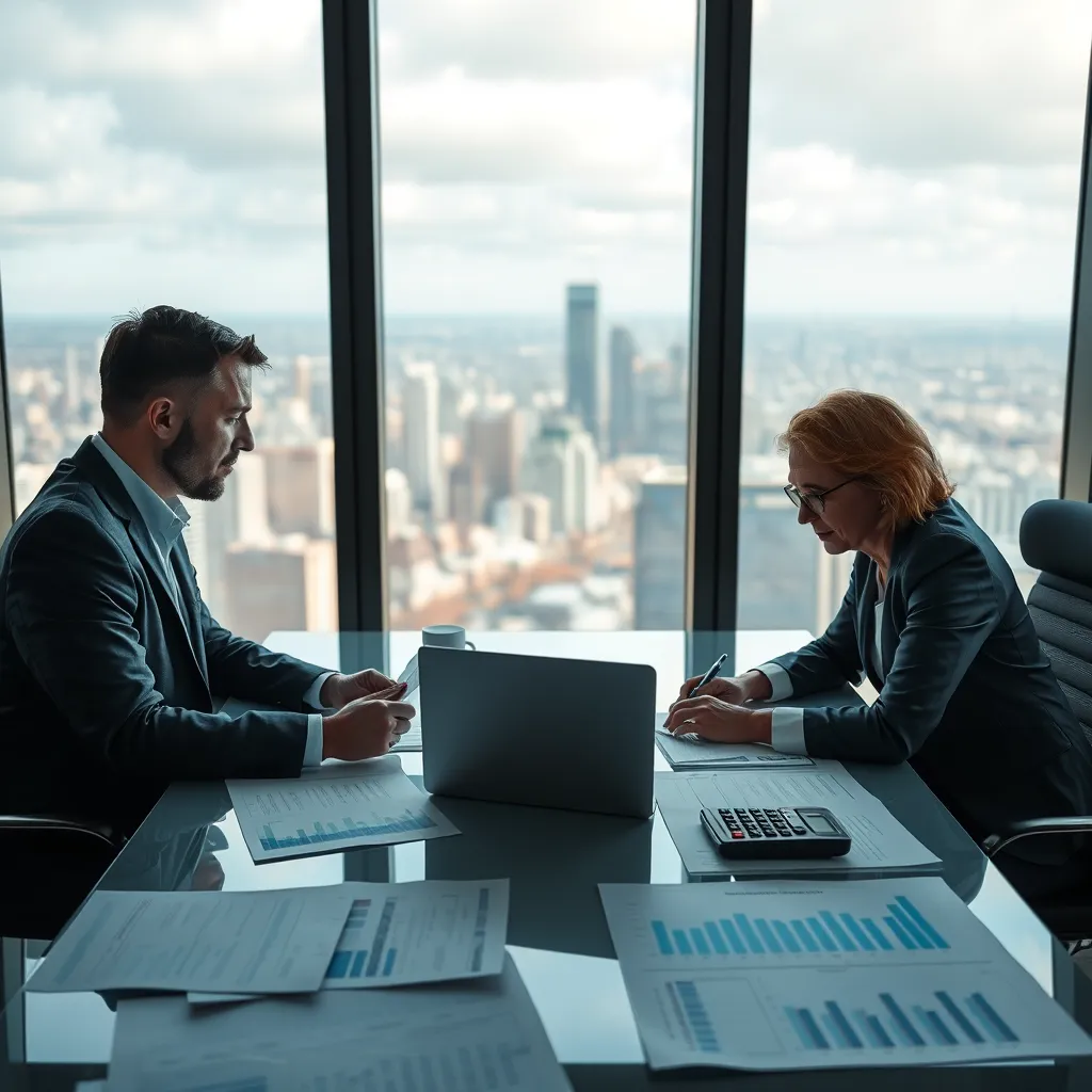 Two professionals sitting at a large table reviewing financial statements and charts. The table is covered with papers, a laptop, and a calculator. A window in the background shows a cityscape, indicating a high-rise office environment.