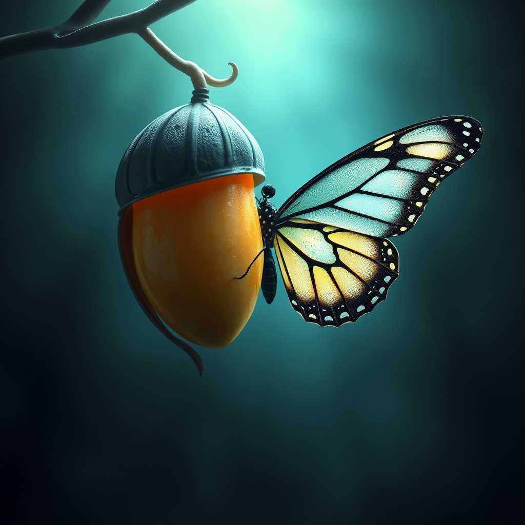 A butterfly emerging from a chrysalis, symbolizing the transformative power of brand evolution. The butterfly should have a logo pattern on its wings. The lighting should be soft and ethereal. Style: Surreal, symbolic. Resolution: 4K.