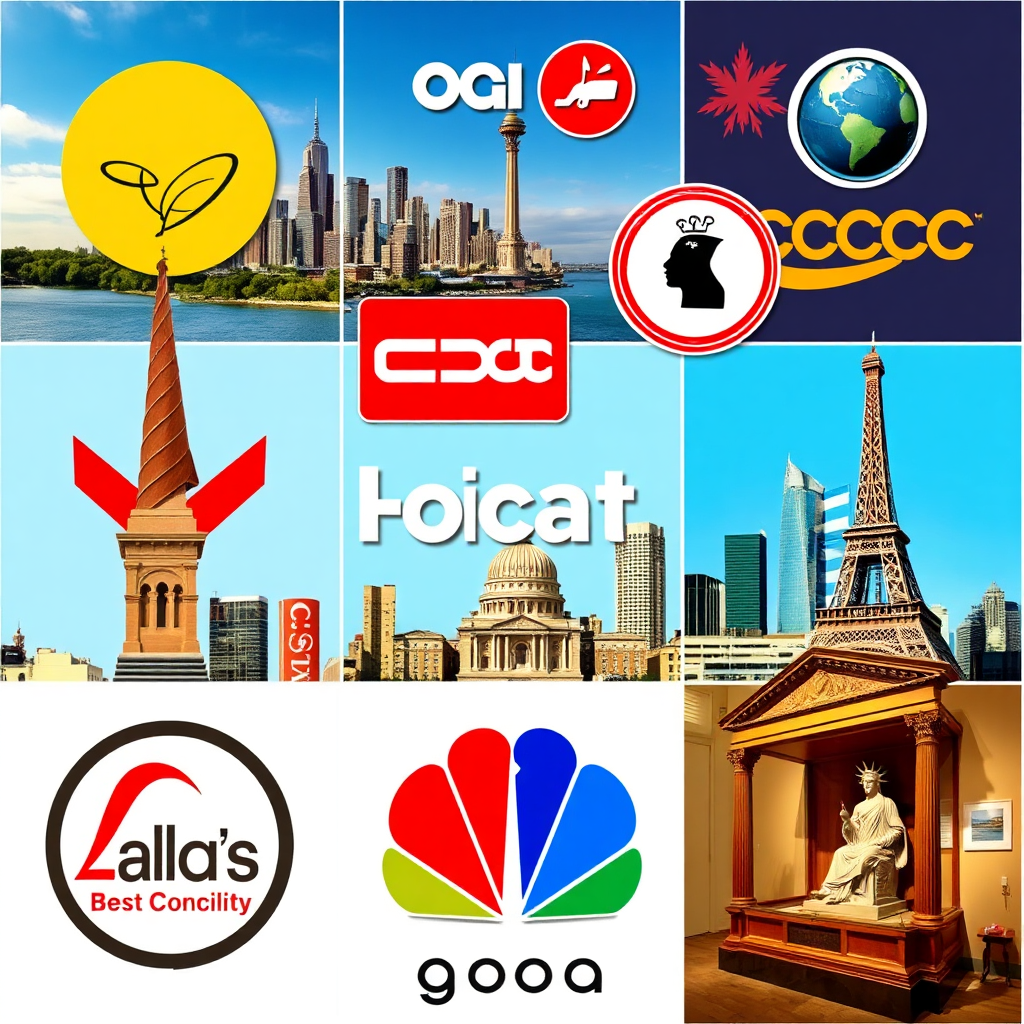 A collage featuring logos overlaid onto various cultural landmarks and artifacts (e.g., a famous logo on a city skyline, another on a museum exhibit). The collage should be arranged in a dynamic and visually engaging composition. Style: Stylized, pop art aesthetic. Resolution: 4K.