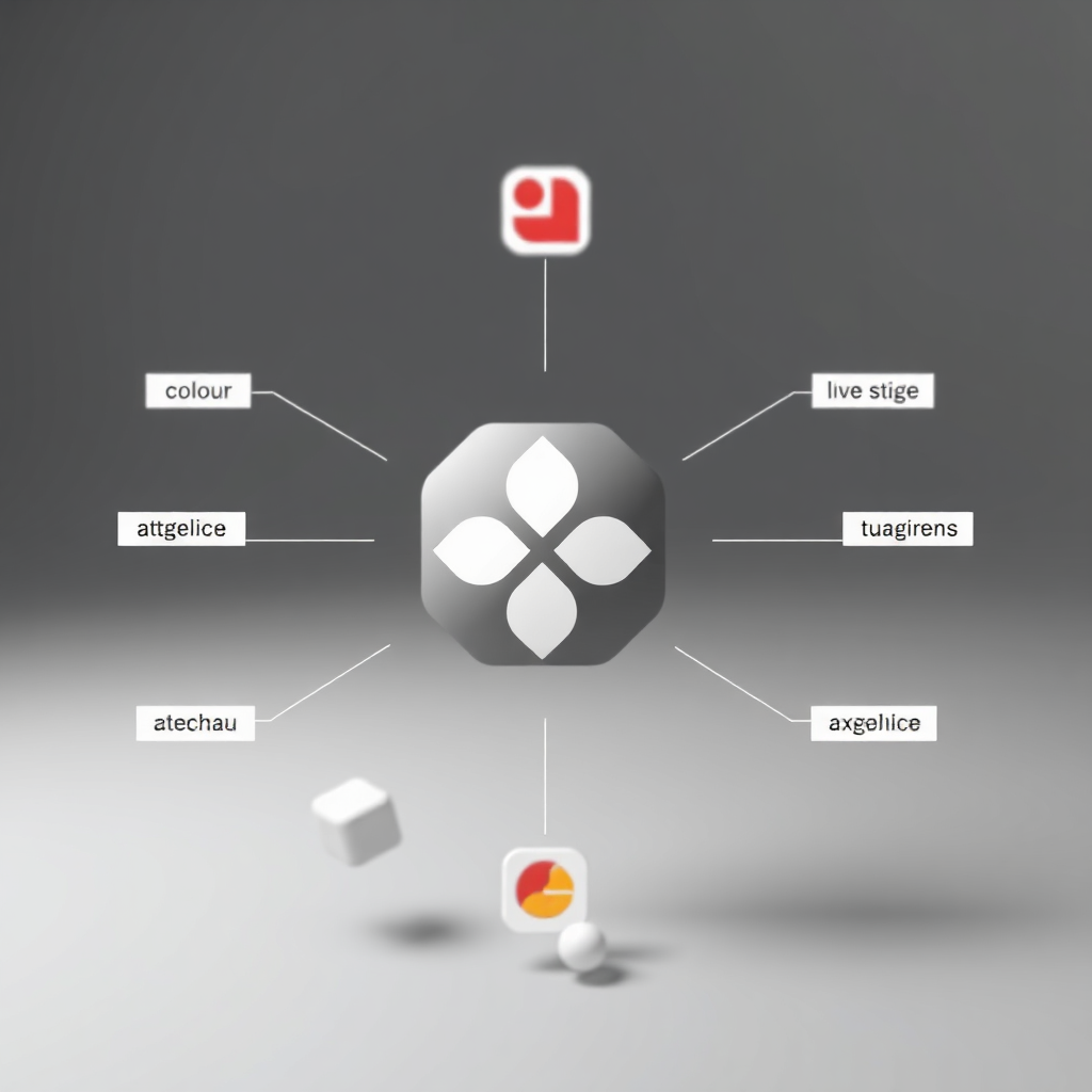A deconstructed logo with its individual components floating around it. Each component is labeled with a key design element (e.g., color, shape, typography). The logo is positioned in the center, slightly blurred, while the components are sharp and detailed. Soft, ambient lighting should illuminate the elements. Style: Abstract, minimalist design. Resolution: 4K.