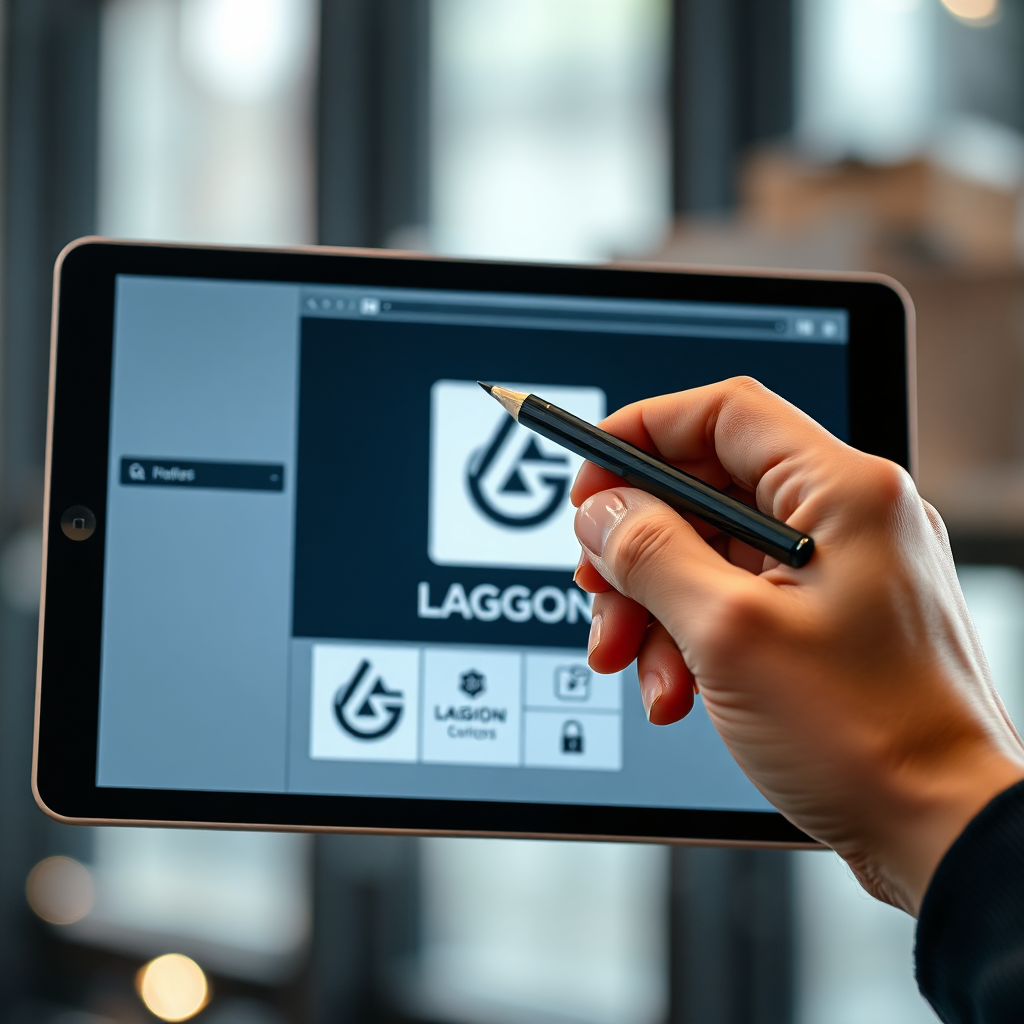 A designer's hand holding a stylus, hovering over a digital tablet displaying a logo design in progress. The background should be blurred, focusing attention on the hand and the tablet. Soft, ambient lighting to highlight the details of the design. Style: Modern, professional. Resolution: 4K.